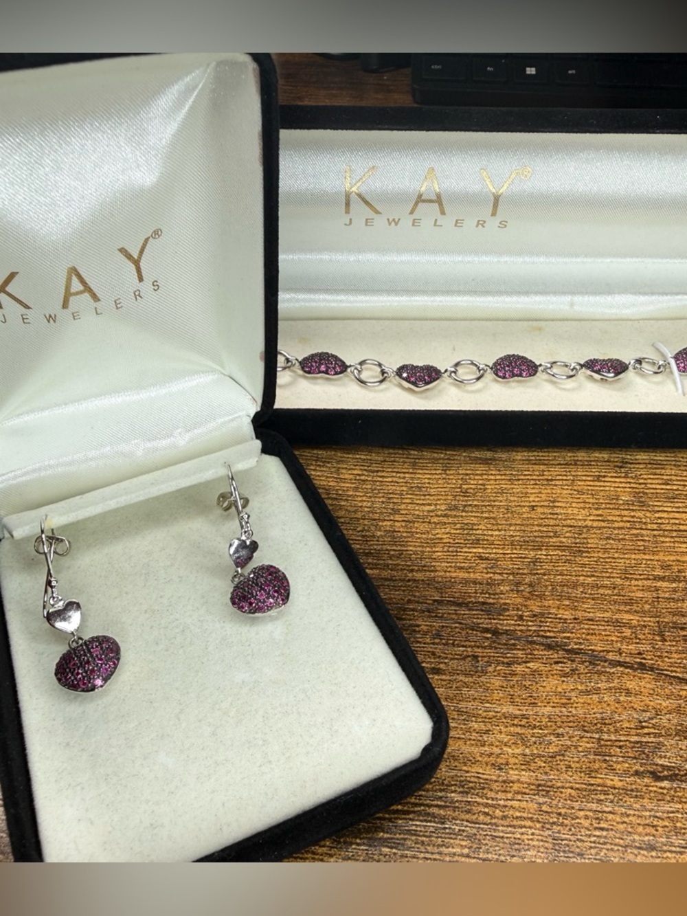 Kay Jewelers Pink Sapphire Heart Bracelet with Matching Dangle Earrings